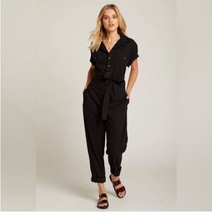 Rolla’s Linen Blend Wide Leg Utility Jumpsuit Black Belted Button Front M EUC